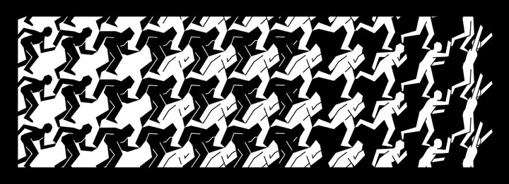 Digital art print with an Escher-like tessellation of runners morphing from starting position to finish line.